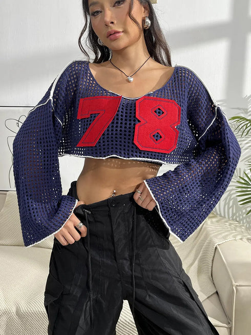 'Liora' Contrast Patches Long Sleeve Cropped Knit Sweater - Celes Fashion